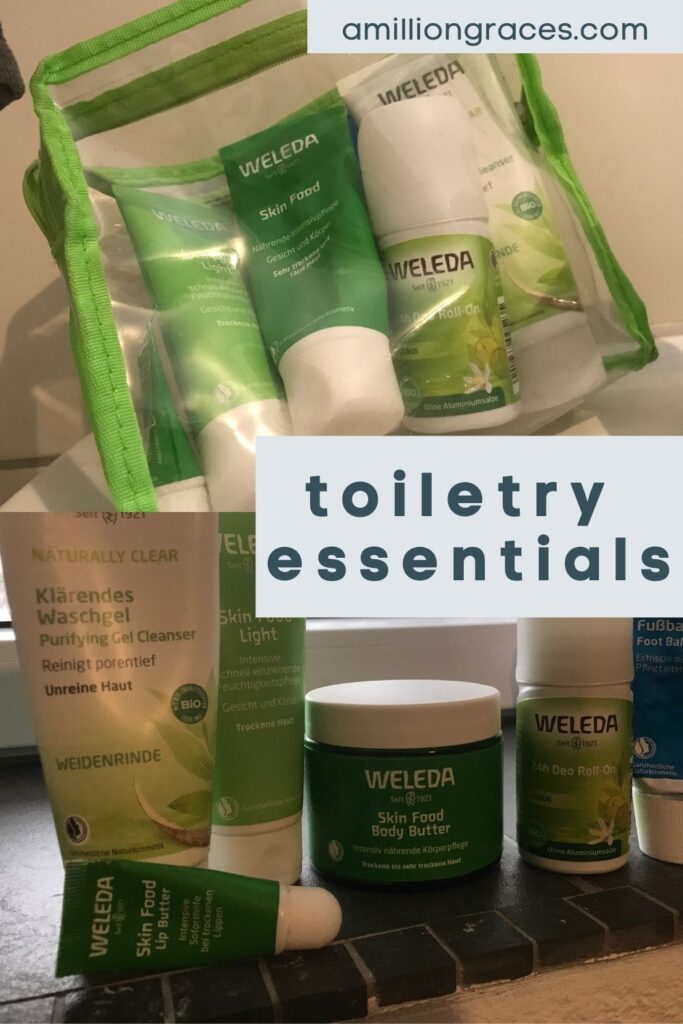 toiletries in a bag and on a shelf